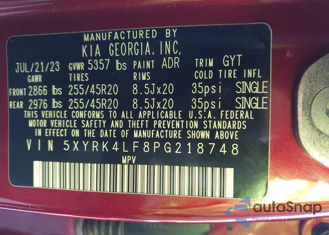 2023 Kia Sorento Sx z USA, uszkodzony, nr VIN 5XYRK4LF8PG218748